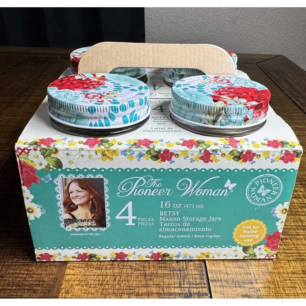 NIB The Pioneer Woman BETSY Storage Mason Jars Set 4 Glass Vintage Floral 16 OZ